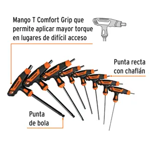 Truper Juego 8 llaves allen mm extralargas mango T, punta de bola