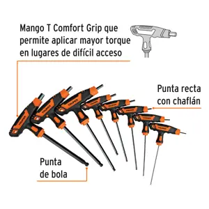 Truper Juego 8 llaves allen std extralargas mango T, punta de bola