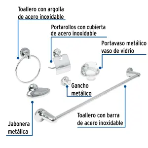 Juego de 6 accesorios para baño metálicos, Foset Aqua
