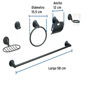 Foset Juego de 6 acc. p/baño negro mate chapetón ovalado, Aqua