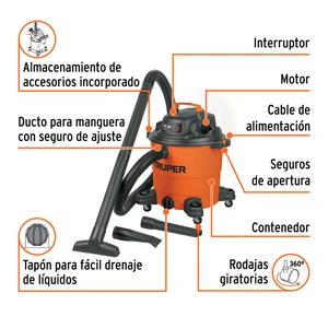Aspiradora de sólidos y líquidos, 12 gal, plástica, Truper