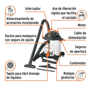 Aspiradora de sólidos y líquidos, 12 gal, acero inox, Truper