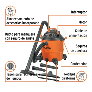 Aspiradora de sólidos y líquidos, 16 gal, plástica, Truper