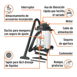 Aspiradora de sólidos y líquidos, 16 gal, acero inox, Truper