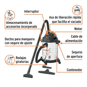 Aspiradora de sólidos y líquidos, 5 gal, acero inox, Truper