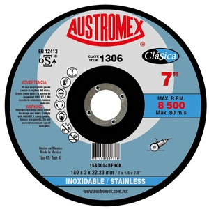 AUSTROMEX-1306 / 1306 Disco abrasivo para corte de acero inoxidable de 180 x 3 x 22.23 mm