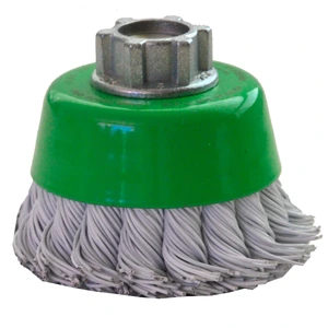 Cepillo tipo copa trenzado plastificado de 65 x 0.50 x MR mm para limpieza de superficies metálicas y remoción de soldadura, pintura, barniz, corrosión, fundición y cualquier adherencia