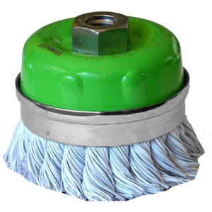 Cepillo tipo copa trenzado plastificado de 100 x 0.50 x MR mm para limpieza de superficies metálicas y remoción de soldadura, pintura, barniz, corrosión, fundición y cualquier adherencia