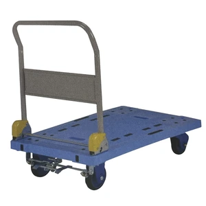 Carro plegable de plástico con freno manual de 900 x 600 mm para transporte de material con capacidad máxima de 300 kg.