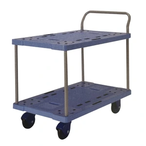 Carro de plástico de 2 pisos de 900 x 600 mm para transporte de material con capacidad máxima de 300 kg.