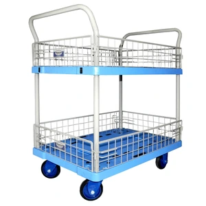 Carro de plástico de 2 pisos con canastilla de 980 x 620 mm para transporte de material con capacidad máxima de 300 kg.