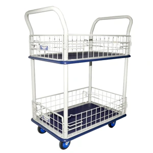 Carro de acero de 2 pisos con canastilla de 790 x 440 mm para transporte de material con capacidad máxima de 150 kg.