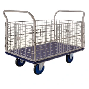Carro de acero con canastilla de 1240 x 790 mm para transporte de material con capacidad máxima de 500 kg.