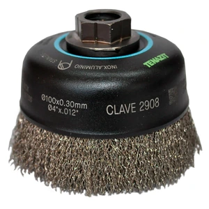 AUSTROMEX-2908 / 2908 Cepillo tipo copa ondulado de 100 x 0.30 x MR mm para limpieza de superficies de acero inoxidable y remoción de soldadura, pintura, corrosión, fundición y cualquier adherencia