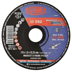 AUSTROMEX-292 / 292 Disco abrasivo para corte de acero al carbón y acero inoxidable de 115 x 1.0 x 22.23 mm
