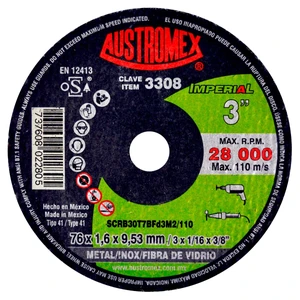 Disco de alta duración de 76 x 1.6 x 9.53 mm para corte de acero inoxidable y acero balístico.
