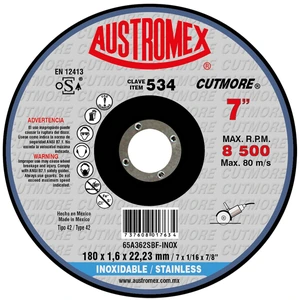 AUSTROMEX-534 / 534 Disco abrasivo para corte de acero inoxidable de 180 x 1.6 x 22.23 mm