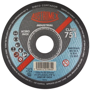 AUSTROMEX-751 / 751 Disco abrasivo para corte de acero inoxidable de 115 x 1.0 x 22.23 mm