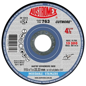 Disco abrasivo para corte rápido de acero inoxidable con un mínimo de rebaba de 115 x 1 x 22.23 mm