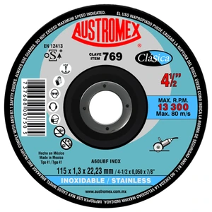 AUSTROMEX-769 / 769 Disco abrasivo para corte de acero inoxidable de 115 x 1.3 x 22.23 mm