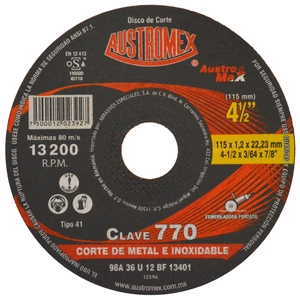 AUSTROMEX-770 / 770 Disco abrasivo para corte de acero al carbón y acero inoxidable de 115 x 1.2 x 22.23 mm