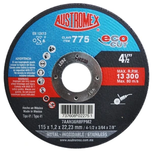 AUSTROMEX-775 / 775 Disco abrasivo para corte de acero al carbón, inoxidable y metales de 115 x 1.2 x 22.23 mm
