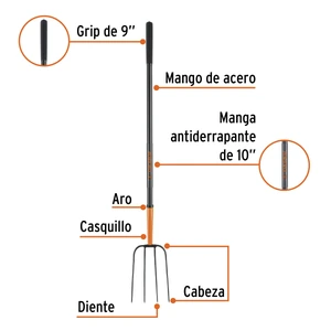 Bieldo para paja, 4 dientes, mgo largo de acero 48