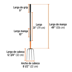 Bieldo para paja, 4 dientes, mgo largo de acero 48