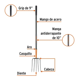 Bieldo para paja, 5 dientes, mgo largo de acero 48