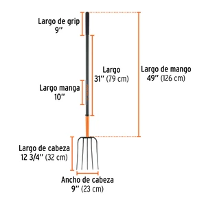 Bieldo para paja, 5 dientes, mgo largo de acero 48