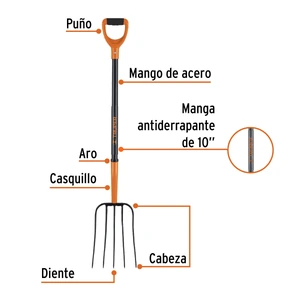 Bieldo para paja, 5 dientes, mgo de acero 37