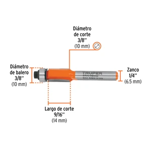 Broca para router, corte recto, 3/8