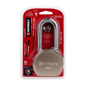 Hermex Candado redondo, 65mm, gancho largo, llave tetra, blister
