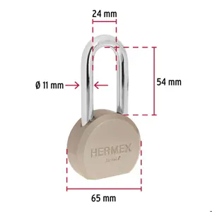 Hermex Candado redondo, 65mm, gancho largo, llave tetra, blister
