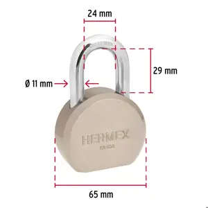 Hermex Candado redondo, 65mm, gancho corto, llave de puntos,blister