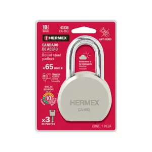 Hermex Candado redondo, 65mm, gancho corto, llave de puntos,blister