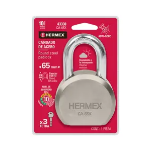 Hermex Candado redondo, 65mm, gancho corto, llave tetra, blister