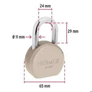 Hermex Candado redondo, 65mm, gancho corto, llave tetra, blister