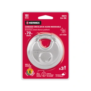 Candado circular acero inox, cilindro latón, 70 mm