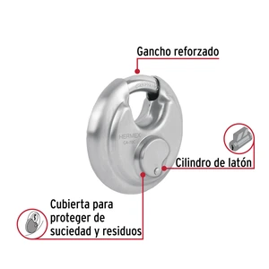 Candado circular acero inox, cilindro latón, 70 mm