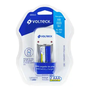 Cargador de pilas, AA, AAA y 9V incluye 2 pilas AAA, Volteck