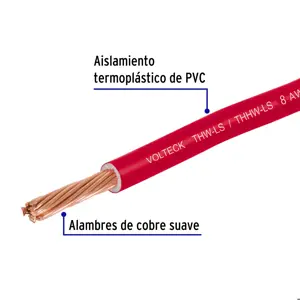 Carrete con 10 m de cable THHW-LS 8 AWG rojo, Volteck