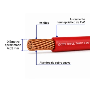Carrete con 10 m de cable THHW-LS 8 AWG rojo, Volteck