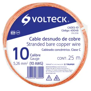 Volteck Metro de cable desnudo de cobre calibre 10 AWG, rollo 25 m