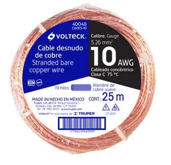 40048 / CADES-10 Volteck Metro de cable desnudo de cobre calibre 10 AWG, rollo 25 m