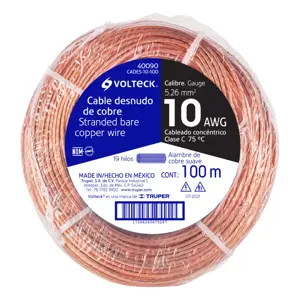 Volteck Metro de cable desnudo de cobre calibre 10 AWG, rollo 100 m