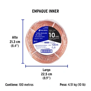 Volteck Metro de cable desnudo de cobre calibre 10 AWG, rollo 100 m