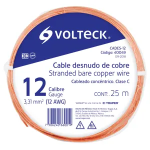 Volteck Metro de cable desnudo de cobre calibre 12 AWG, rollo 25 m