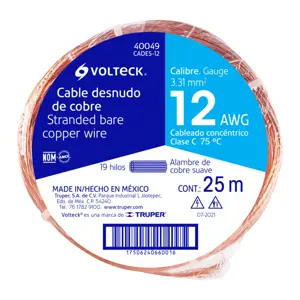 Metro de cable desnudo de cobre calibre 12 AWG, rollo 25 m