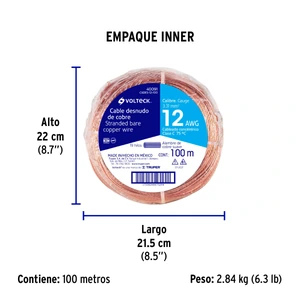 Volteck Metro de cable desnudo de cobre calibre 12 AWG, rollo 100 m